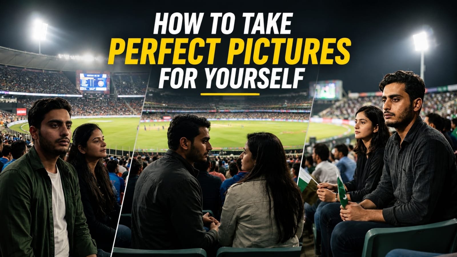 A cinematic young Pakistani man sitting quietly in a large cricket stadium beside a beautiful girl, both calmly watching a live cricket match, serious and peaceful expressions, no smiling or laughing, emotional realistic vibe, stadium crowd and bright floodlights in the background, modern casual outfits, detailed cricket environment, night match atmosphere, ultra realistic, DSLR photography style, natural skin tones, shallow depth of field, cinematic lighting, social media aesthetic, 4K, 16:9 ratio.